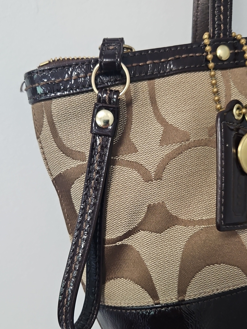 Coach Vintage Y2K Signature Stripe Patent Leather Tote Bag 12429 Chocolate Brown - Picture 10 of 10